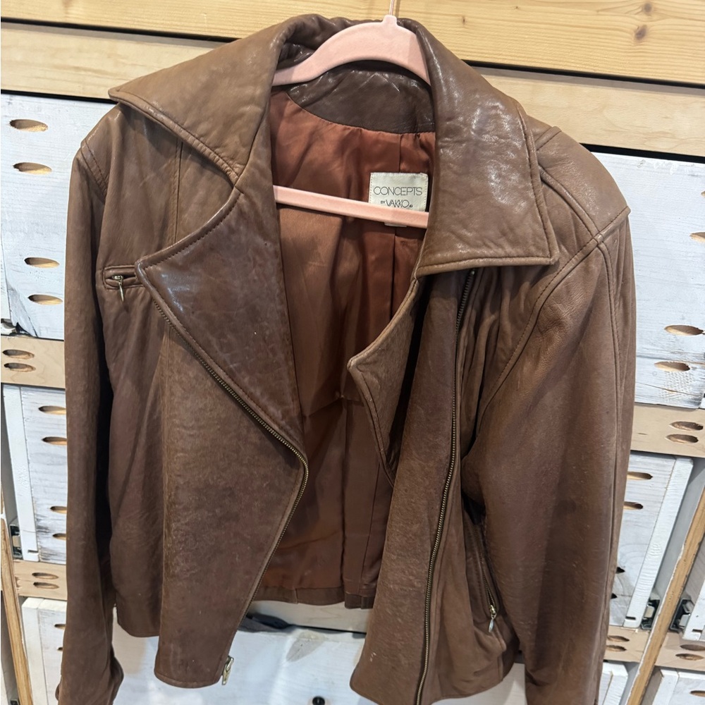 Vakko Tan Leather Jacket for Women